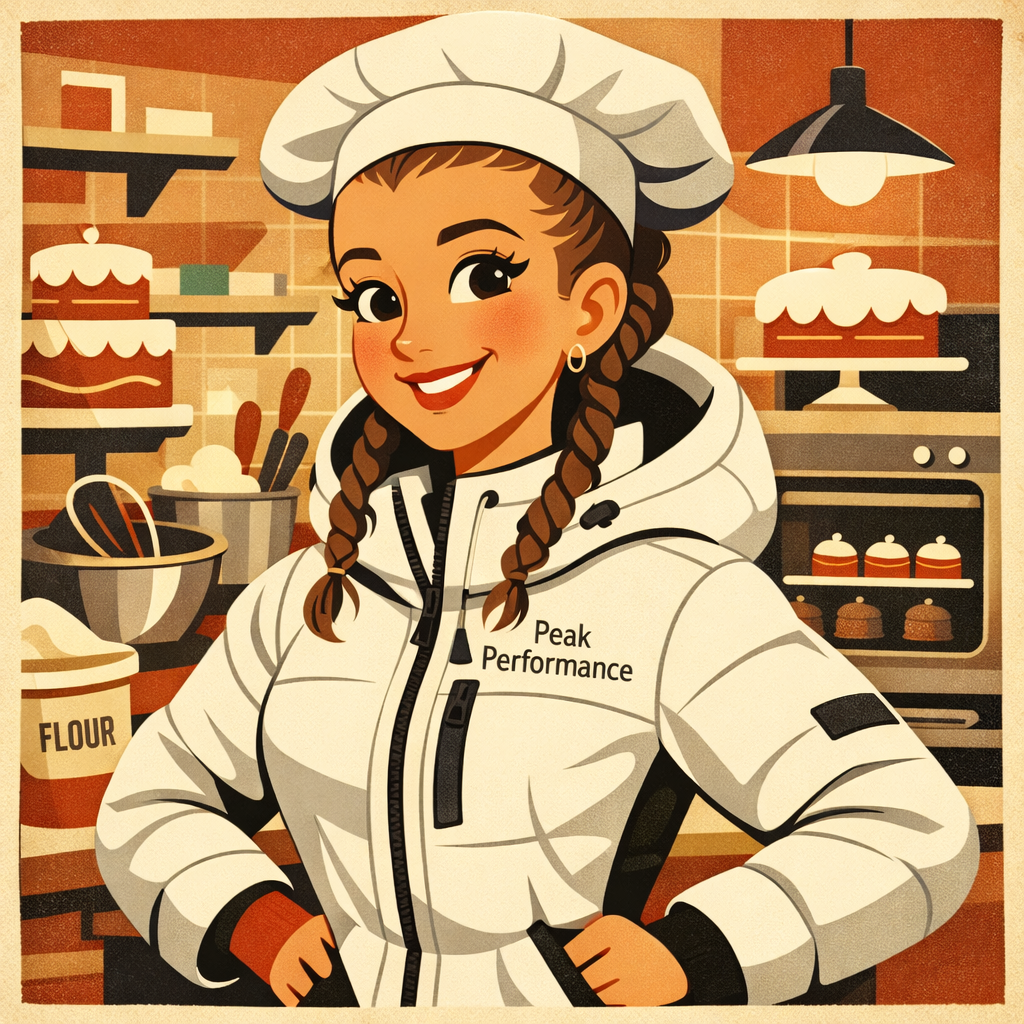 Ula in a cosy 1950s-style kitchen in her white Peak Performance jacket